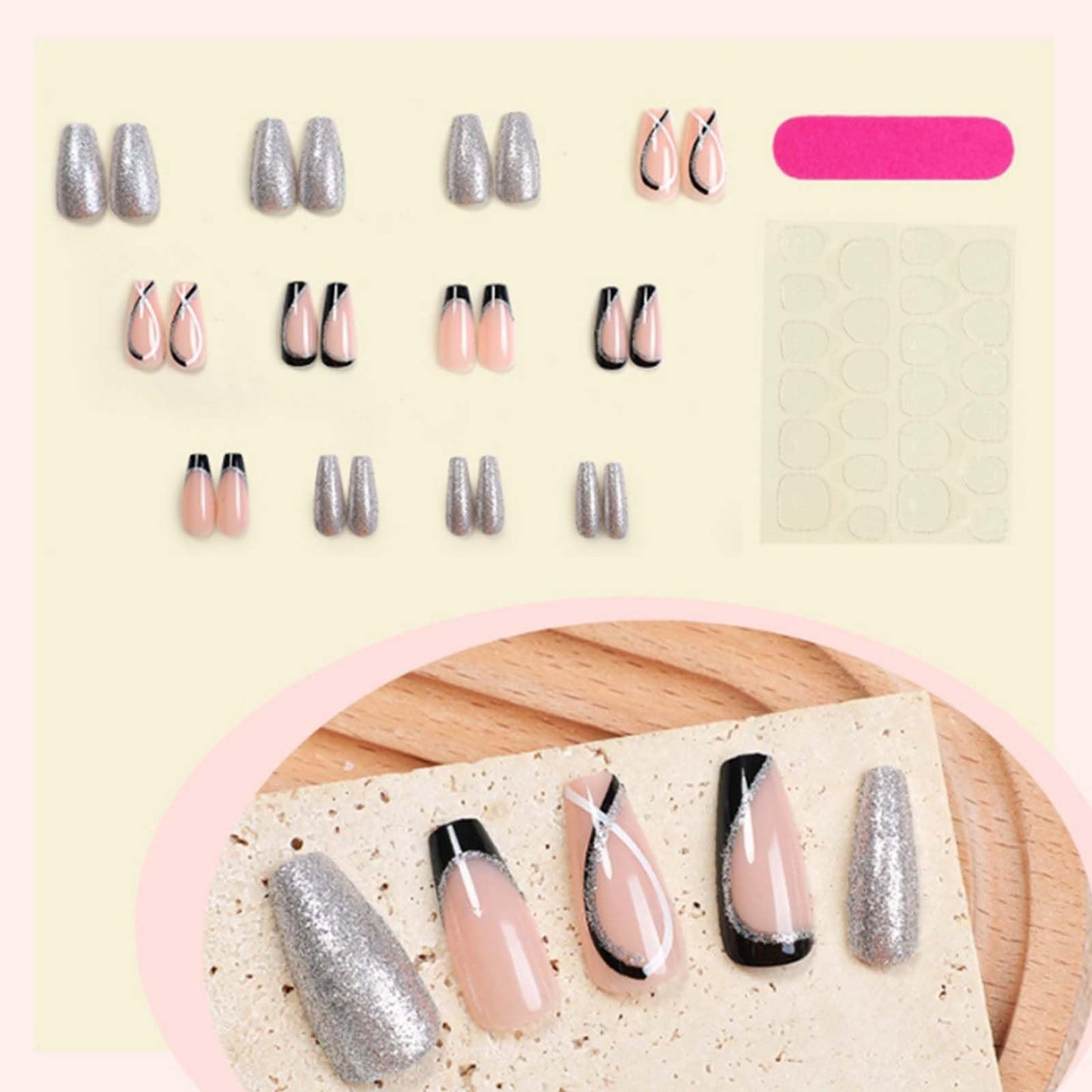 Gifiky False Nails- Swirl Press on Nails Short Coffin Nails Tips Glitter Nude Fake Nails for Women and Girls 24Pcs