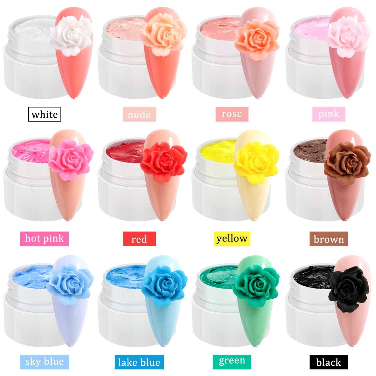 Fcozpjk 3D Sculpture Gel, 12 Colors Non-sticky Hand Builder Nail Gel Kit with Silicone Carving Pen Hard Gels for Nails Flowers Modeling Nail Clay Glue Painting Drawing Manicure Salon Supplies