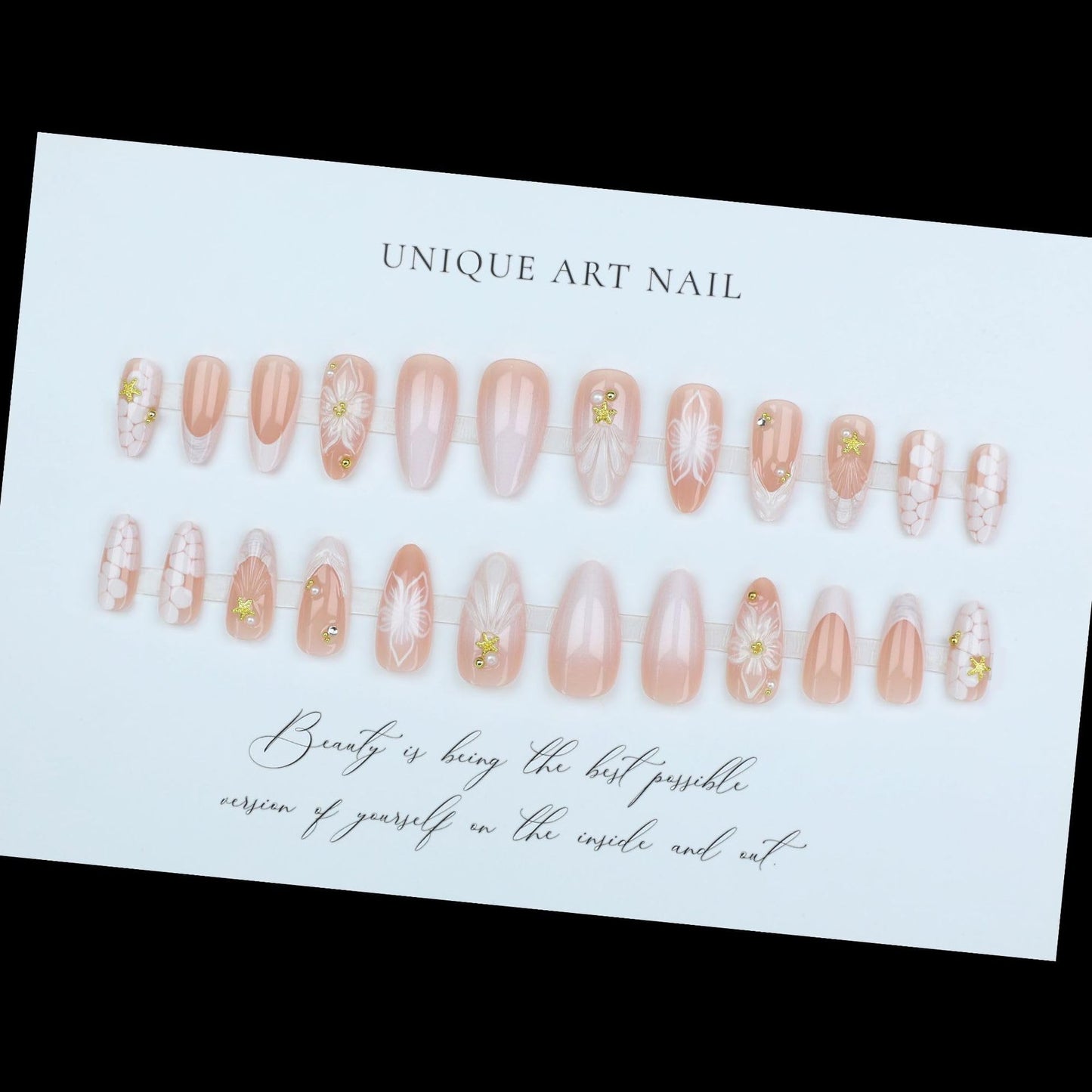 24 Pcs 3D Flower Nail Press ons Medium Almond Fake Nails with Gold Beads Star Desings White French Tip Press on Nails Glossy Nude False Nails Acrylic Full Cover Glue on Nails for Women Spring Manicure
