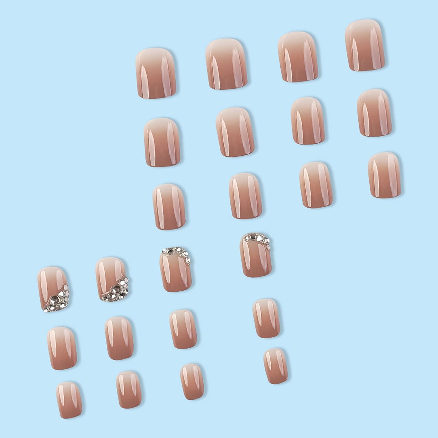 Vezocim Press on Nails Short Square-24Pcs Glossy Full Cover Acrylic Rhinestone False Nails with Gradient Designs Artificial Extra Short Square Fake Nails with Glue Stick on Fingernails for Women Girls