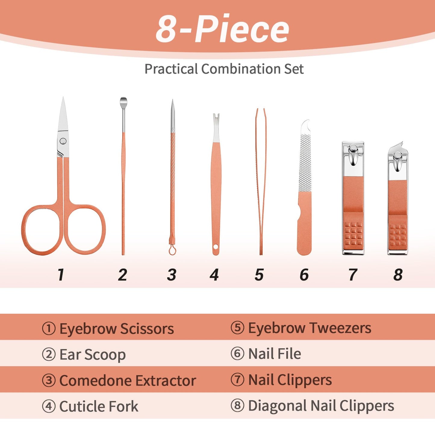 6 Sets Manicure Set 8 in 1 Stainless Steel Nail Clippers Pedicure Kit, Professional Manicure Grooming Kit Cuticle Nail Care Foot Pedicure Tools with Portable Travel Case for Men Women Gift (Rose Gold)
