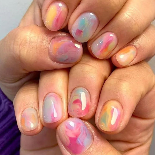 CTTHNBD Short Press on Nails Square - Ombre Fake Nails with Colorful Design - Cute, Glossy Stick on False Nails - for Women 24 Pcs
