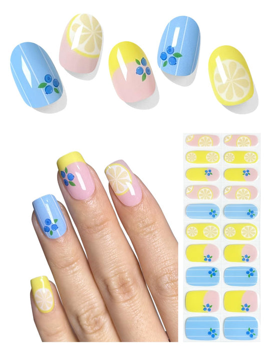 AutyaMee Semi Cured Gel Nail Strips (Fresh Lemon), 20 Pcs Gel Nail Wraps, Stickers, Salon Quality, Blueberry, Summer, Works with Any UV Lamps