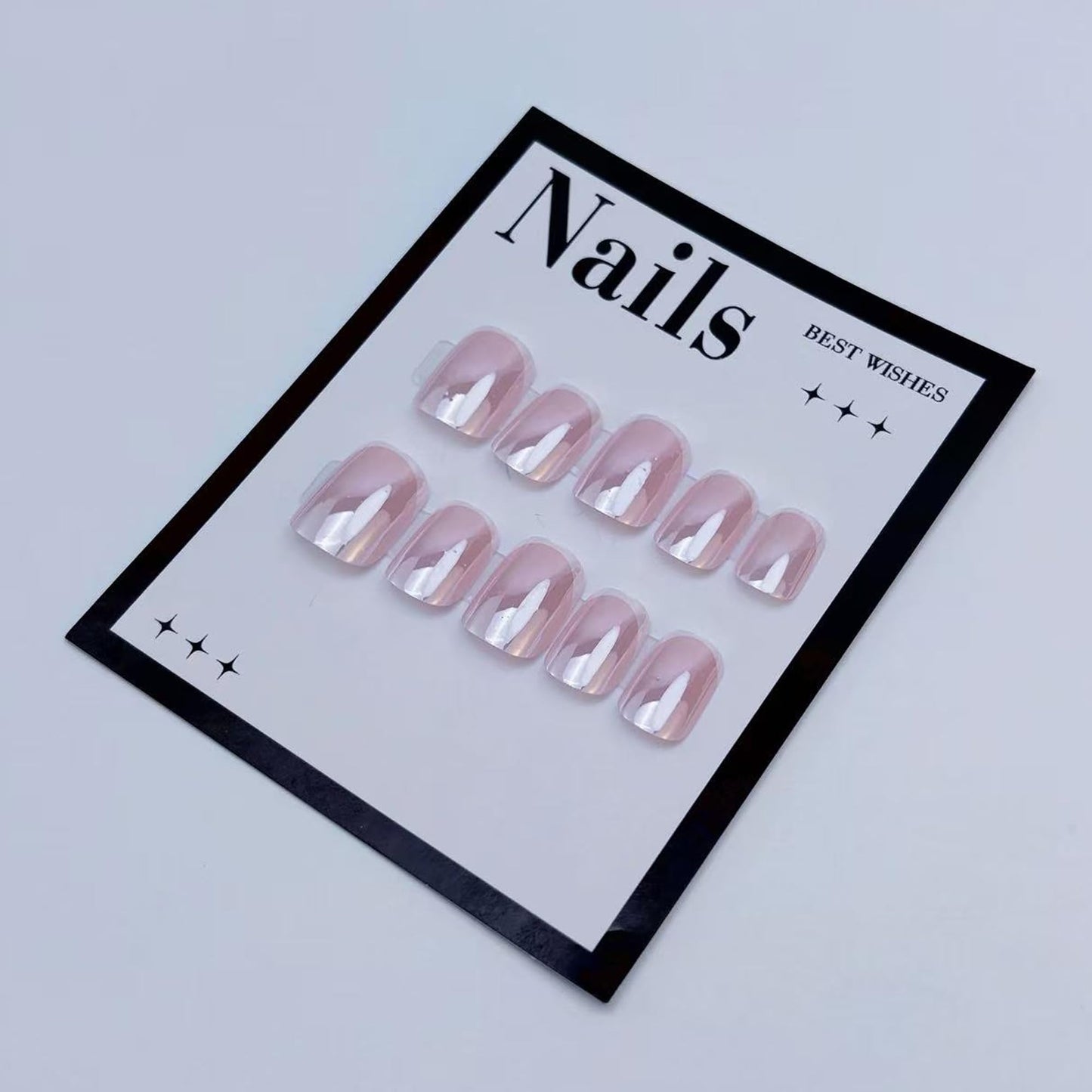 Classic Press on Nails Short Square Fake Nails Nude Light Pink Chrome Design French Tip False Nails Glossy Reusable Acrylic Glue on Nails Full Cover Press ons,Daily wear for Women 24Pcs