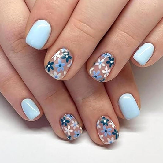 Blue Press on Nails Short Glue on Nails Flowers Fake Nails with Square Designs Cute Full Cover Nails Press ons Summer Artificial Sweet Stick on Nails for Women 24 Pcs