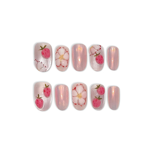 TENPAL Press on Nails 10Pcs with Tools Kit,3D Strawberry Spring Summer Pink Aurora Fake Nails,Cute Floral Almond Short Nails,Full Cover False Nails Simple Blush Glue on Nails Sweet Summer Nails(M)