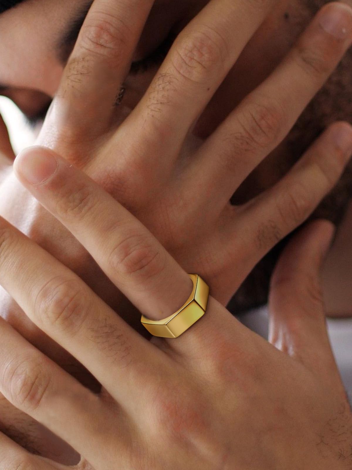 ChainsHouse Gold Hexagon Geometric Ring for Men Women, Cool Punk Hip Hop Biker Band Rings(Size 7)