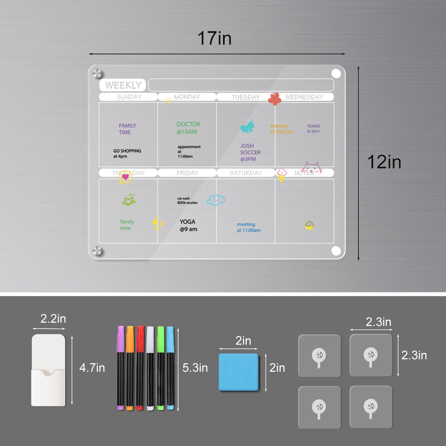 FAZHENWJ Acrylic Magnetic Dry Erase Calendar Board for Fridge, 16"X12" - Erasable Monthly and Weekly Planner with to-Do List, Includes 6 Markers and Eraser