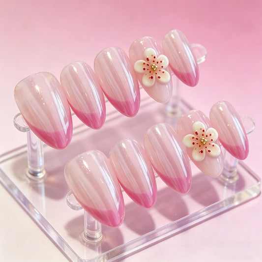 Hand made Press on Nails Medium Pink French Tip Almond Shape Glossy Finish 3D Flower Charms Fake Nails for Women 10 Count M Size