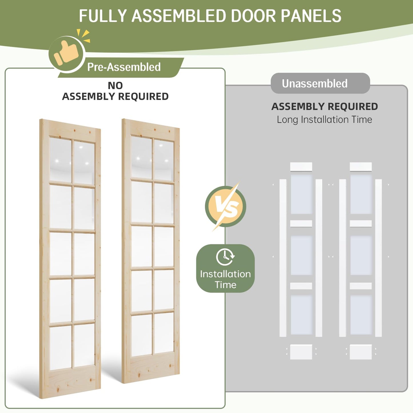 Easelife Preassembled Sliding Closet Door 48in x 80in (Double 25in), Spruce Wood Barn Door Slab with Bypass Hardware Track Kit, Tempered Clear Glass, Fit Interior Pantry Kitchen