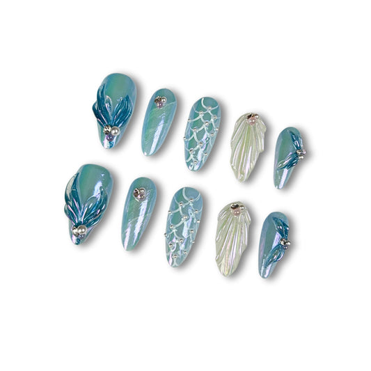 Yabonica Handmade Press On Nails Almond,10Pcs Acrylic False Nails Press Ons with 3D Nail Art Gel Hand-Painted Design,Nature&Lasting Stick On Nails for Woman Girls Daily Party&Wedding Wear(047M)