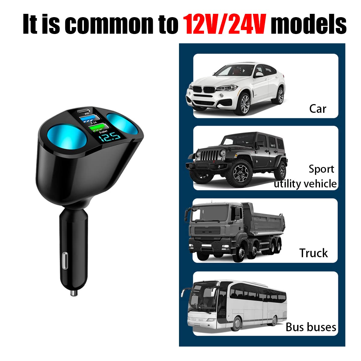 Car Cigarette Lighter Splitter, 2-Socket Cigarette Lighter Adapter with LED Voltmeter, Dual USB QC3.0 Type-C 20W PD Fast Car Charger, 12V/24V Splitter Adapter for Smart Phone GPS Dash Cam