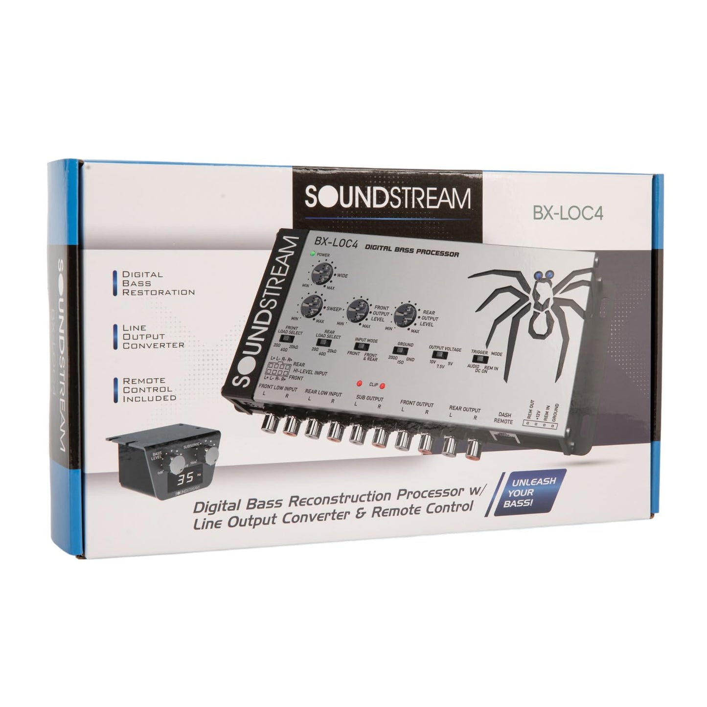 Soundstream Premium Bass Processor with Line Driver/Line Converter for Car Audio – High Voltage Output, Noise-Free Signal Boost, OEM Car Stereo to RCA Line Level Conversion (BX-LOC4)