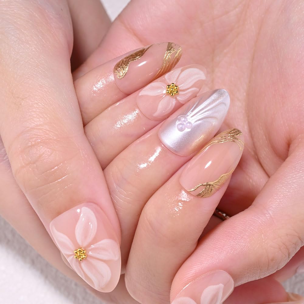 XZMeiLun 3D Pink Flowers Press on Nails Short Almond, Acrylic Fake Nails with 3D Gold Line White Pearls Floral Design, Reusable Glue-On Stick for Flower Fashion Nails for Women