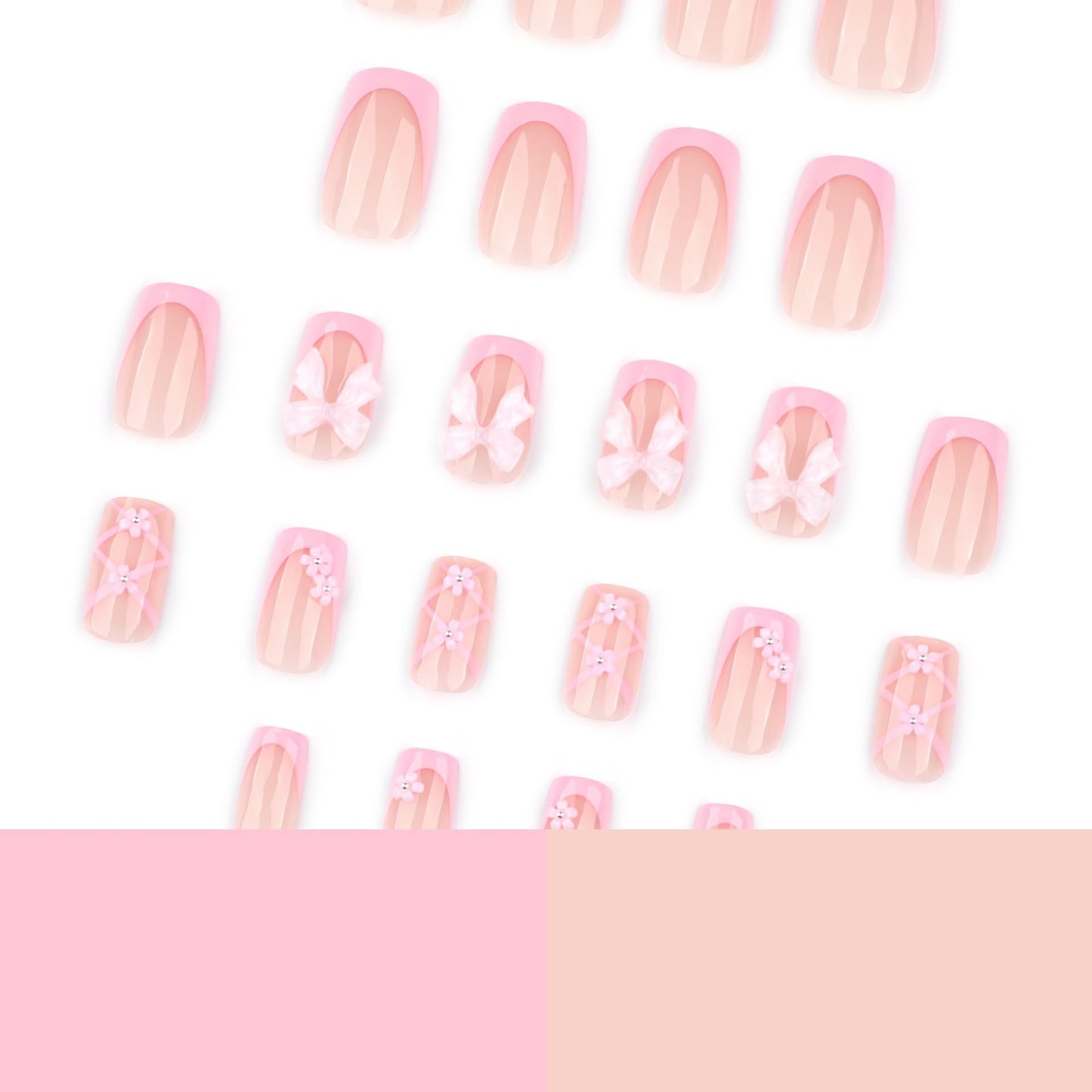 CTTHNBD Medium Press on Square Nails - Pink French Tip Fake Nails with Flower Bow Design - Glossy Stick on False Nails for Women - 24 Pcs