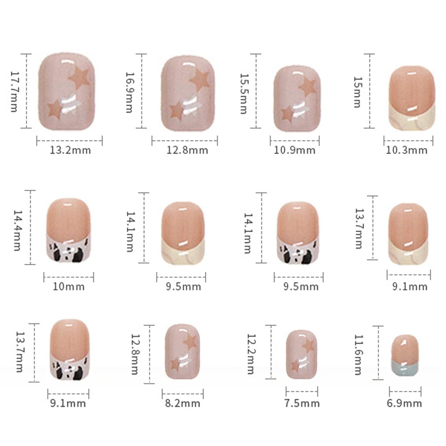 Glue on Nail Short Square Length, 24Pcs Full Cover Reusable False Nails, Press on Nails with French Leopard Designs Artificial Coffin Acrylic Fake Nails for Women Stick on Nails with Charm Decorations