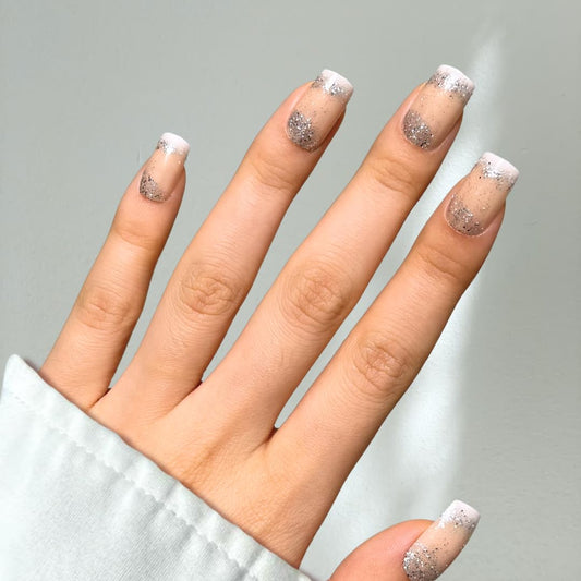 PerfectLook Press On Nails - Sparkle | No Glue One-Day Short Square Fake Nails, Nude Nails with Silver Glitter Tips - 24 Pcs Nail Kit with Adhesive Tabs