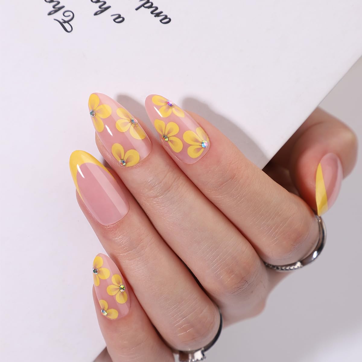 TOGZOM 30Pcs Almond Press on Nails Medium Yellow Flowers Fake Nails French Tips Nails Press ons Glossy Acrylic Nails with Rhinestone Glue on Nails Designs 15 Size for Women Manicure, Style10