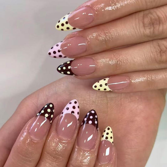 Polka Dot French Tip Press on Nails Medium Almond Fake Nails Yellow Red Pink French Tip Design Full Cover Glossy Colorful Glue on Nails for Women 24PCS