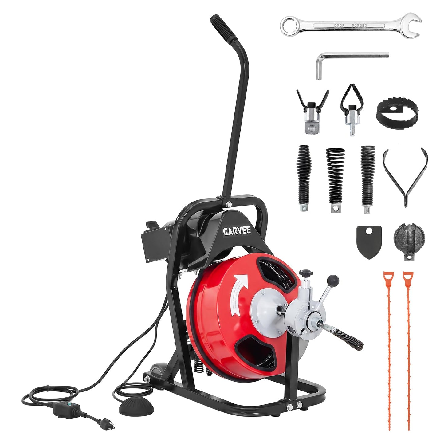 Garvee 75FT 3/8 Inch Drain Cleaner Machine with 250W Motor - Auto Feed Sewer Snake Auger, 4 Cutters, Air-Activated Foot Switch, Semi-Enclosed Drum for 2" to 4" Pipes