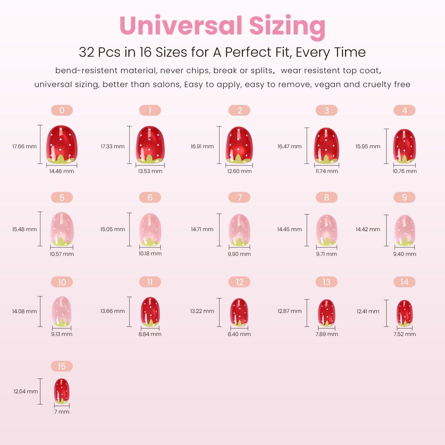 Nail Reformation Press On Nails, Strawberry Candy | Red & Pink Extra Short Round Fake Nails with Velvet Cat Eye Shimmer, Reusable Stick On Nails Kit - 32 Pcs in 16 Sizes, Manicure Gifts for Women