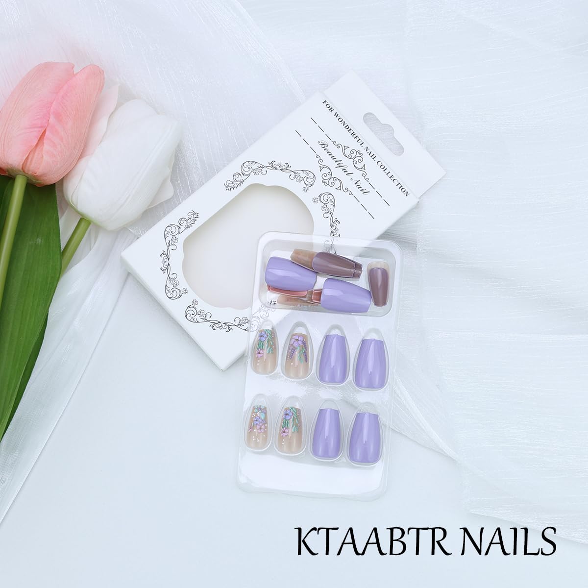 3D Flower Press on Nails Medium Square Shape Nude False Nails with Pink Purple Floral Design Coffin Fake Nails Full Cover Glossy Acrylic Nails for Women Decoration 24PCS Reusable Artificial Nails