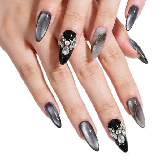 SILPECWEE 10PCS Almond Press On Nails, Black Cat Eye Fake Nails Crystal Rhinestone Nail Charms Medium Handmade Acrylic Press On Nails for Women Gel Flase Nails Manicure Supplies