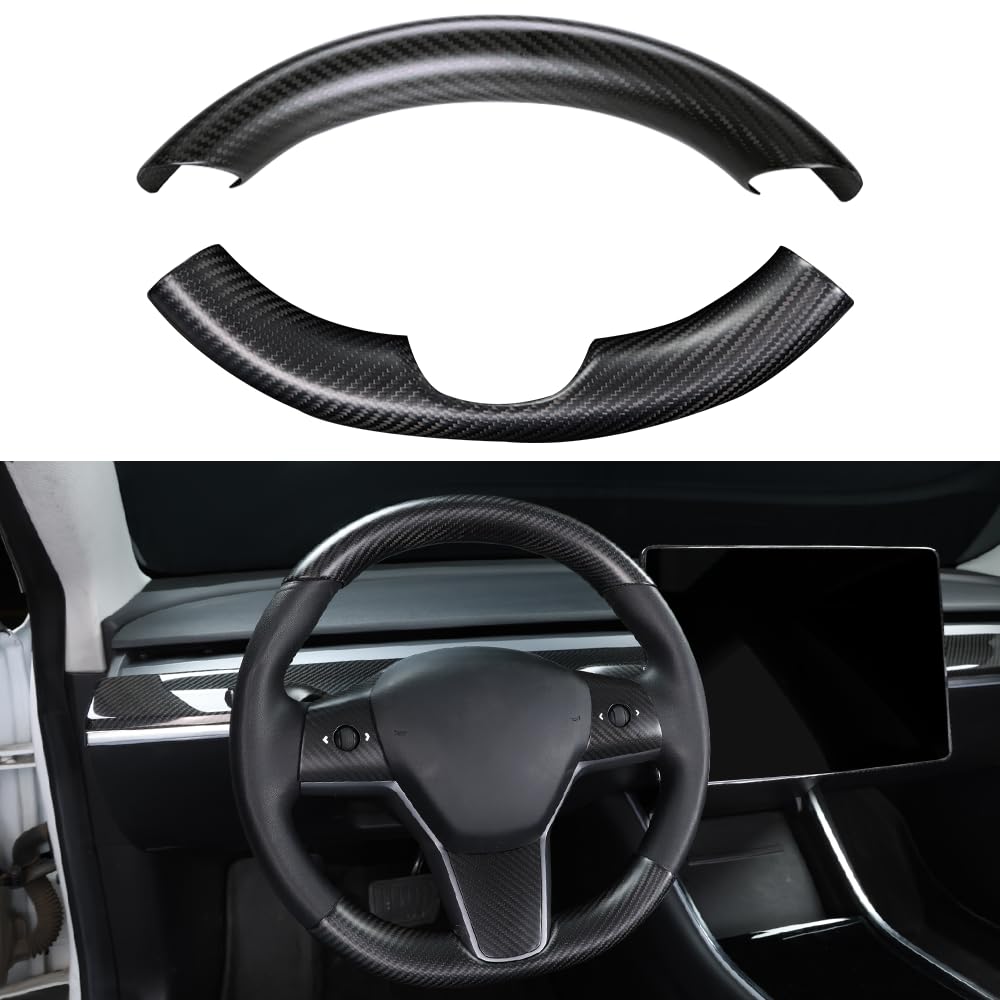 JSWAN Real Carbon Fiber Steering Wheel Cover for Tesla Model 3 2017 to 2023 Model Y 2020 to 2024 Steering Wheel Cover Steering Wheel Wrap Protector Interior Accessories (Matte Black 2Pcs)