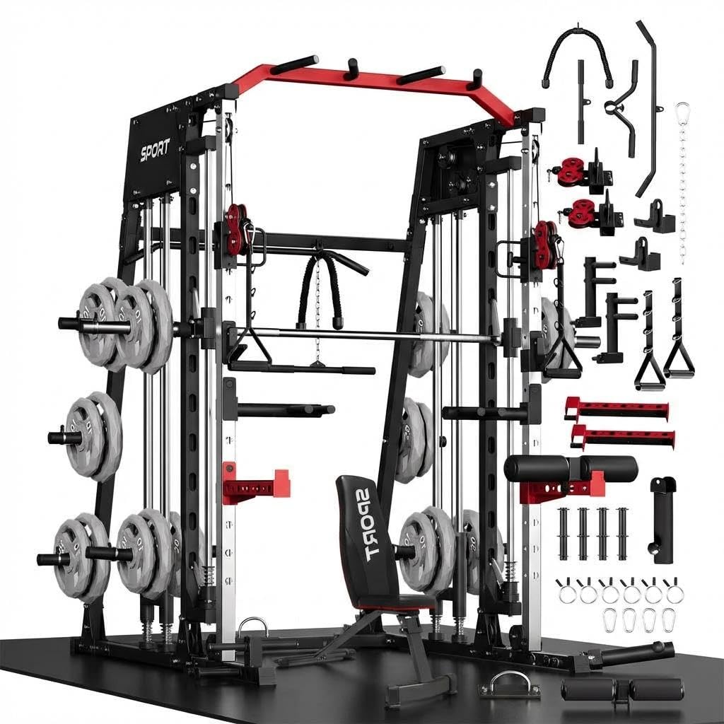 Smith Machine Home Gym All-in-1, 2200LBS Power Cage with Dual Cable Pulley Systems, LAT Pull-Down & Leg Hold-Down | Complete Strength Training Equipment for Full Body Workouts
