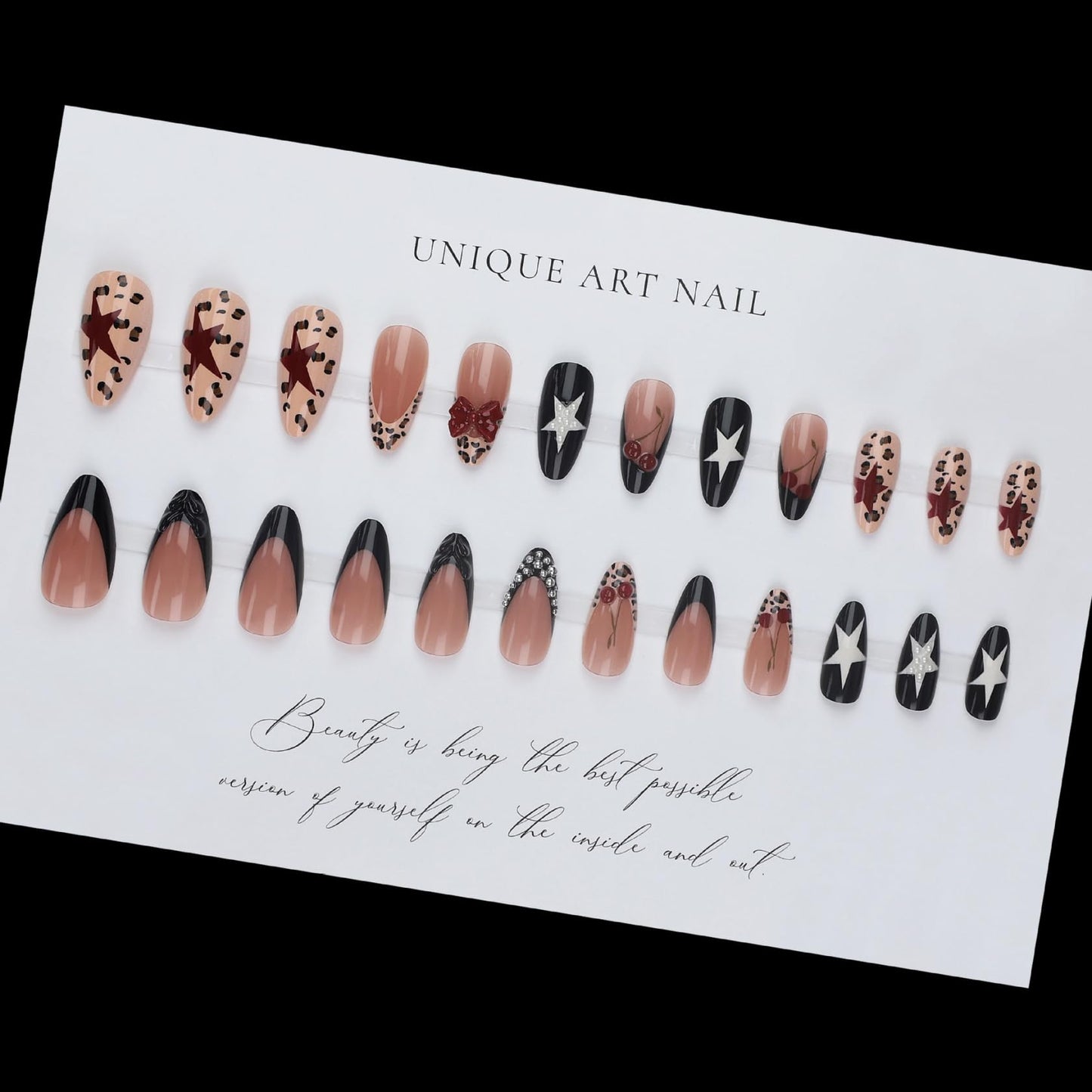 Medium Almond Press on Nails for Women Cherry & Star Fake Nails Artificial Stick on Nail