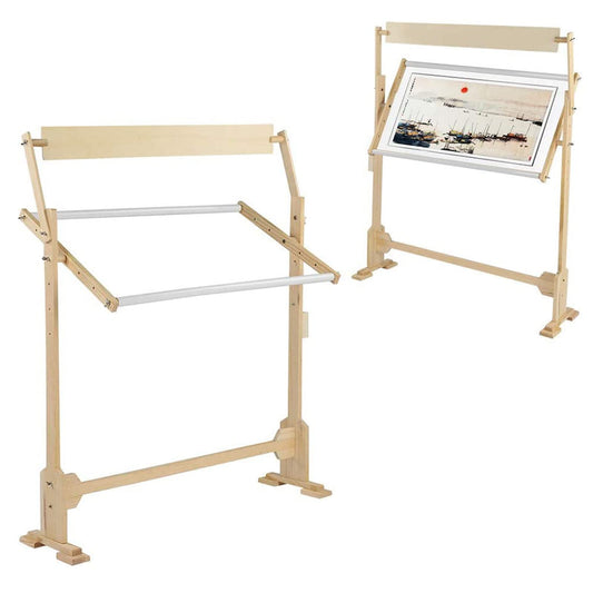 Adjustable Embroidery Stand, Wooden Frame Cross Stitch Floor Stand 360° Rotated Needlework Stand Holder Lap Table Craft Sewing Tool with Scroll Frame