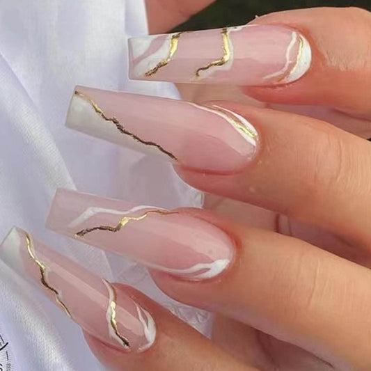 Hkanlre Gold Fake Nails Long Press on Nails Coffin Acrylic Geometry False Nails Full Cover Nails for Women and Girls 24PCS