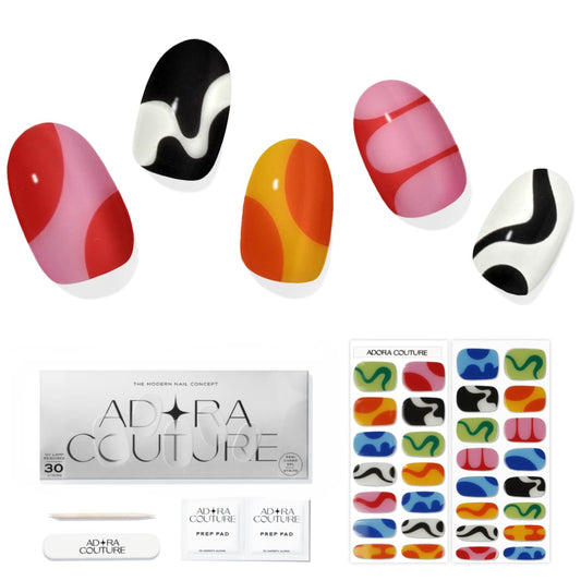 Adora Couture Semi Cured Gel Nail Strips with 30 Pieces - Salon Quality Manicure Kit for Women Easy Application Wraps Includes Prep Pads Nail File Wooden Stick, UV Light Required (M Tropidelic)