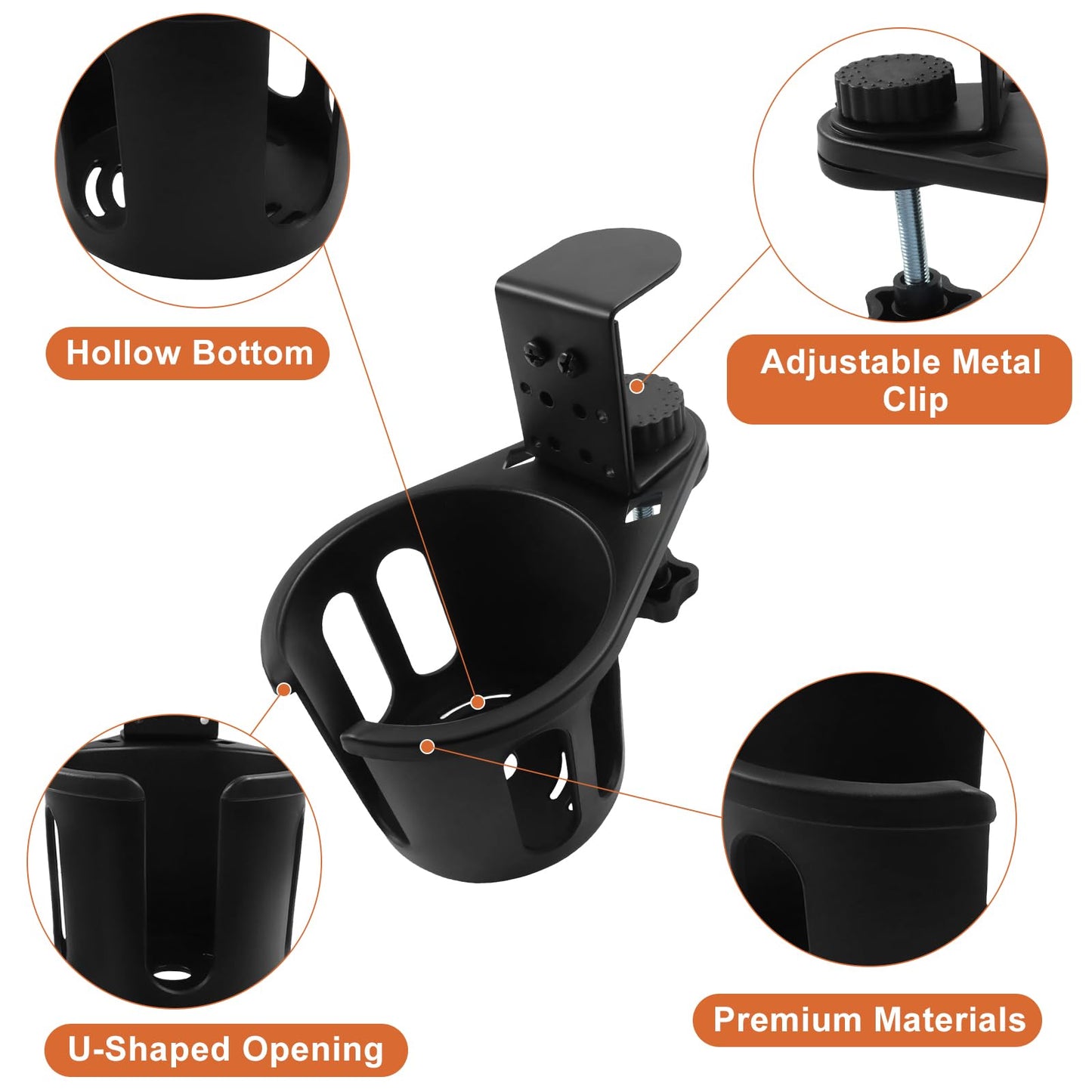Bonsicoky Desk Cup Holder, 360° Rotating Anti-Spill Clamp-On Drink Holder, 3.74 Inch Inner Diameter, 3.5 Inch Deep Black Plastic Cup Stand for Office & Gaming Desk