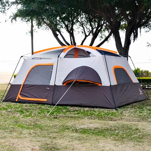KTT Extra Large Tent 12 Person,Full Rainfly,2 Bay-Windows,Family Cabin Tent,14'Lx10'Wx6.58'H,2 Rooms and 3 Doors 3 Windows with Mesh,Waterproof,Straight Wall,Big Tent for Outdoor,Picnic,Camping