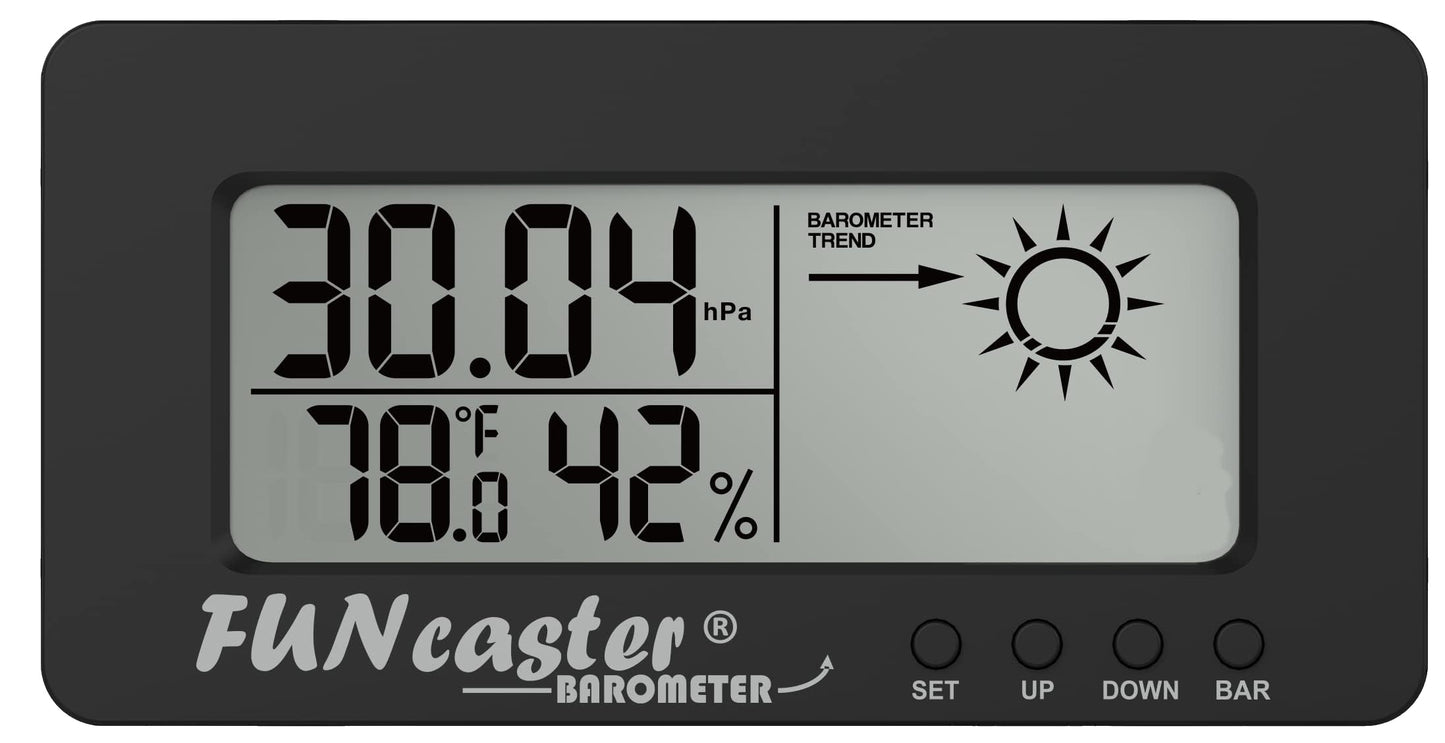TecScan FUNcaster Barometer Ambient Weather Clock for Golf Cart, Boat, Home, Office Easy to See Time, Temp, Humidity, & Forecast