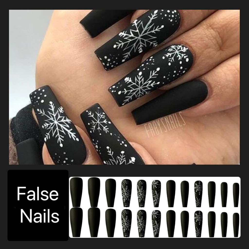Christmas Press on Nails Long - Coffin Fake Nails with Snowflake Stripes Design - Black Full Cover Stick on False Nails -for Women 24 Pcs