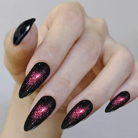 Handmade Holographic Cat Eye Press on Nails Medium Almond-Dark Fake Nails Press Ons Chrome Black, Reusable cat eye press on nails (M, 02)