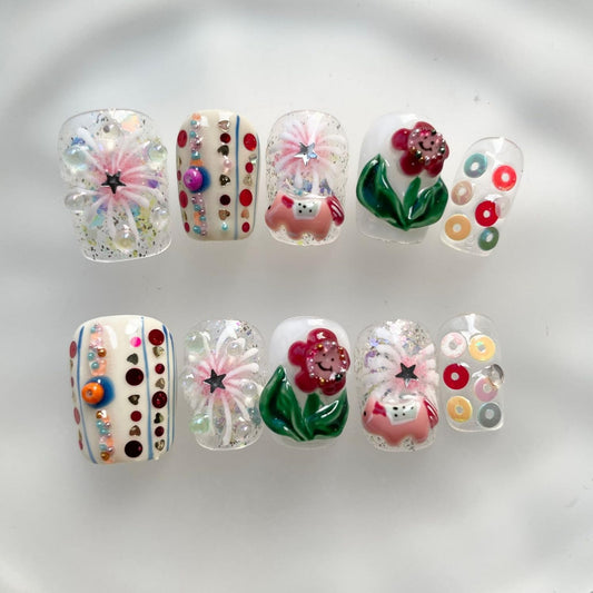 Luxury Press on Nails Short Square Handmade 3D Unique Reusable ABS Material Fake Nails White False Nails with Flower Polka Dots Glitter Designs Glossy Glue on Nail Thick Acrylic Nail(M)