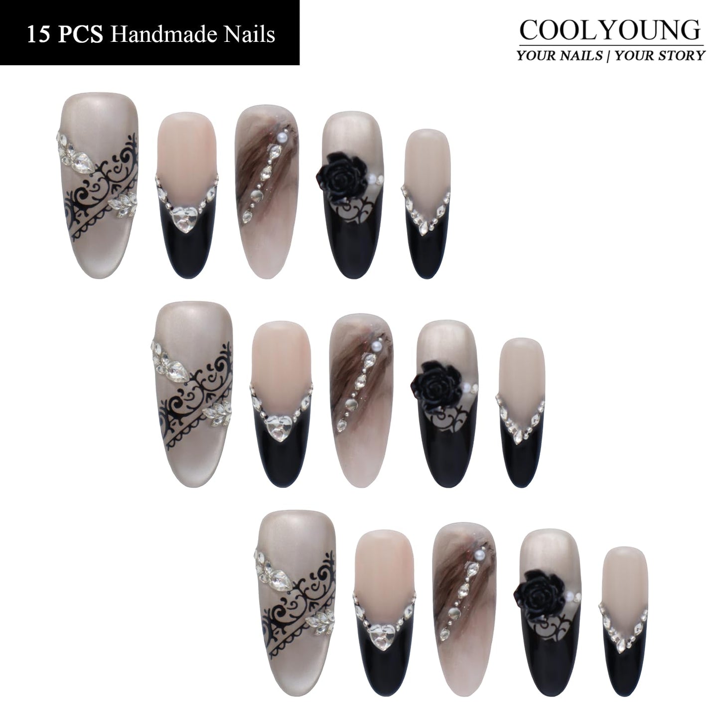Handmade Press On Nails Medium Almond Press On Nails Women Gifts Black Acrylic Nails French Press On Nails with Fake Nails, 15 PCS, Size M