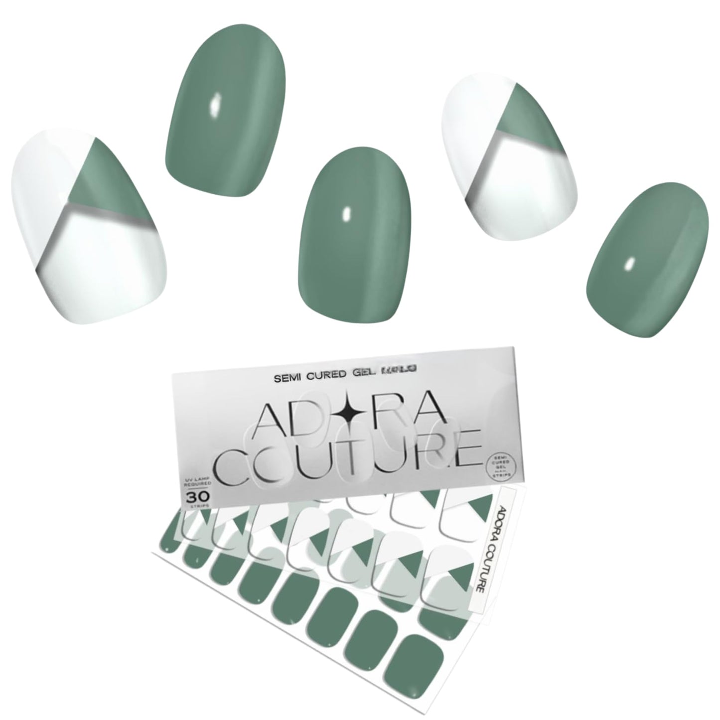 Adora Couture Semi-Cured Gel Nail Strips - 30 Salon-Quality Stickers with UV Light Required, Long Lasting, Easy Application & Removal, Includes Prep Pads, Nail File, Wooden Stick (Green French)