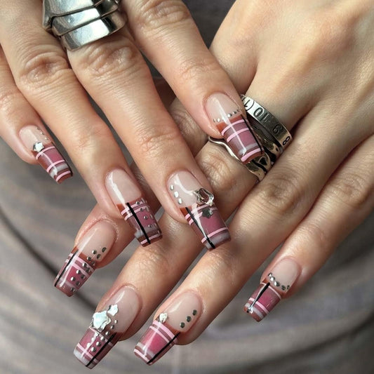 LINMEIZAI 24Pcs French Press on Nails Medium Square Pink Fake Nails Press ons Nail Tips, Stick on Nails Acrylic Nails Kit Star Gems False Nails Scottish Plaid Design Nail Art for Women Cheer Manicure