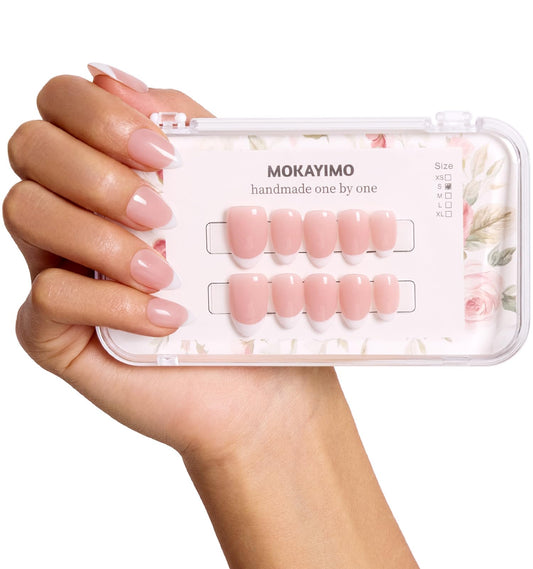 French Tip Press On Nails Short Almond,MOKAYIMO White French Nail Press Ons,10Pcs Handmade Custom-Sized Acrylic False Nails Kit,Natural Look,Salon Quality,Long Lasting,Size XL for Wide Nails