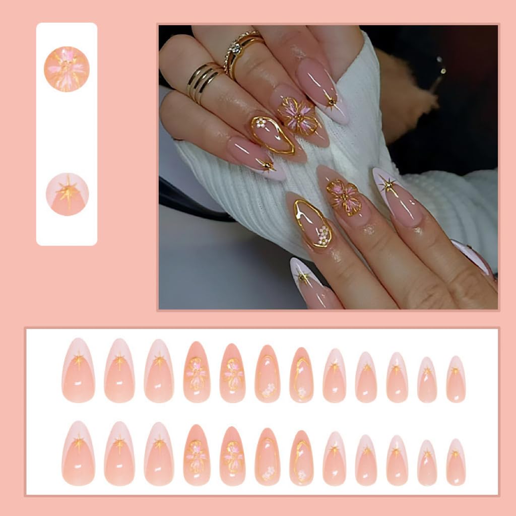 Medium Press on Nails Almond - White French Tip Fake Nails with Flower Design - Gold Stripes Stick on False Nails for Women 24 Pcs