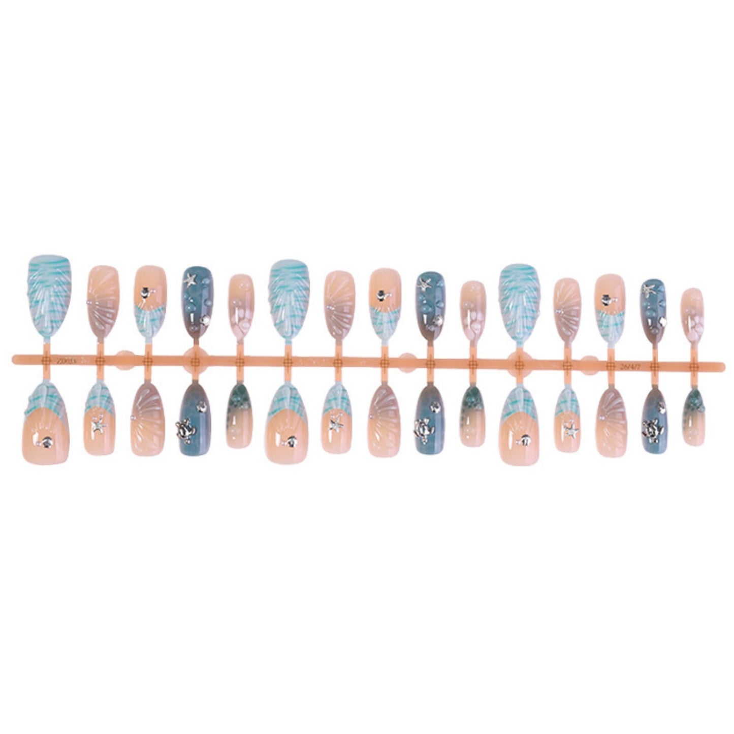 Medium Press on Nails Almond Fake Nails Blue Artificial Nail Ocean Shell French Tips Sea Wave Pearl Starfish Charms Glossy Summer Beach Salon Style Stick on Nail for Women 24pcs