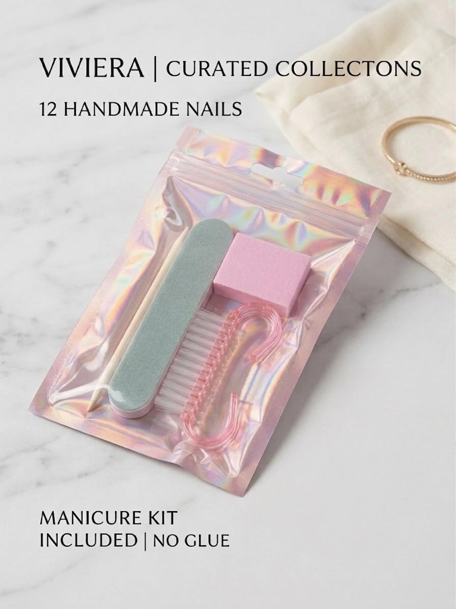 Viviera Handmade Press-On Nails, Sage Green Almond Shape, Silver Shimmer, 12 Piece with Manicure Kit