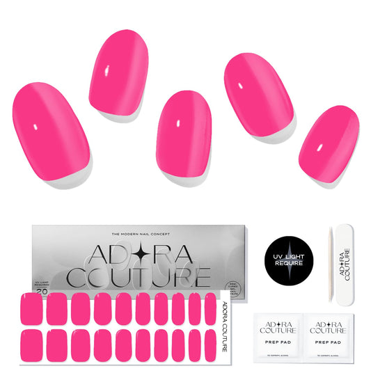 Adora Couture Semi Cured Gel Nail Strips with 20 Pieces - UV Gel Stickers, Manicure Kit, Easy Application Wraps Includes Prep Pads, Nail File, Wooden Stick - UV Light Required (Pop Pink)