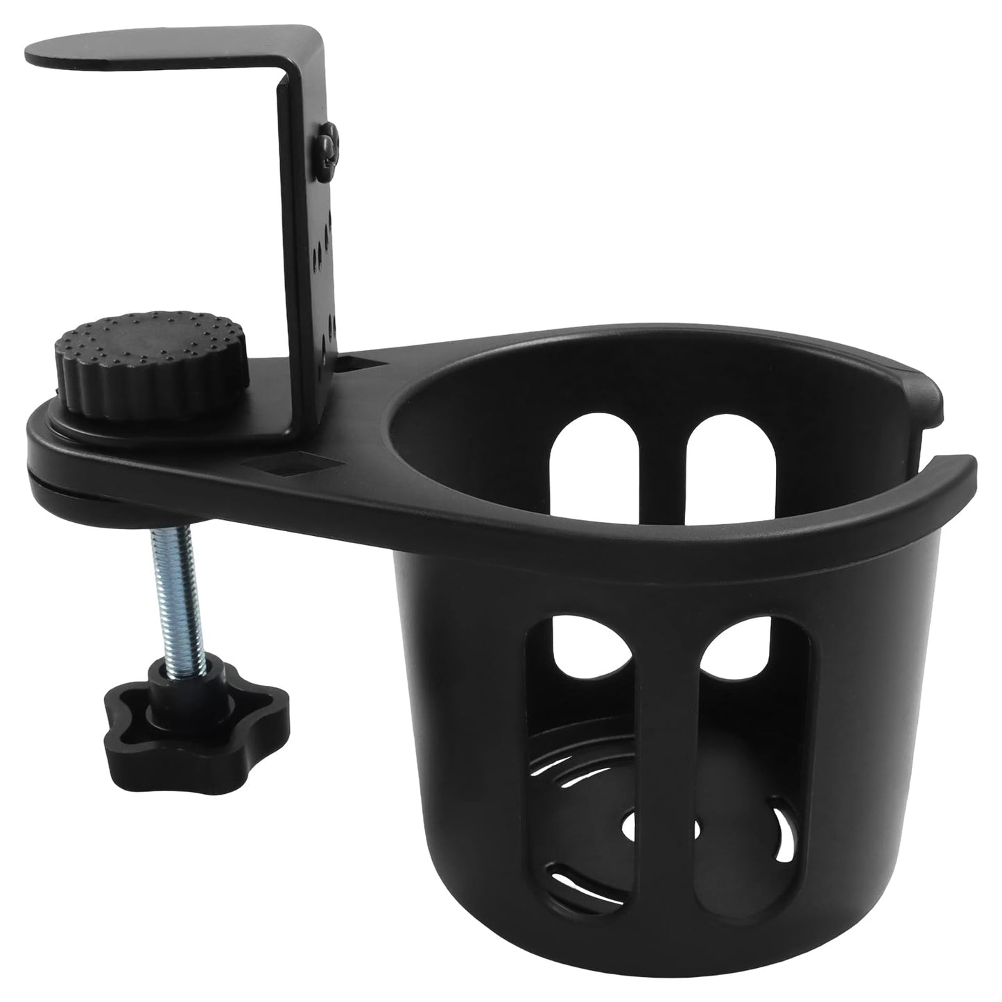 Bonsicoky Desk Cup Holder, 360° Rotating Anti-Spill Clamp-On Drink Holder, 3.74 Inch Inner Diameter, 3.5 Inch Deep Black Plastic Cup Stand for Office & Gaming Desk