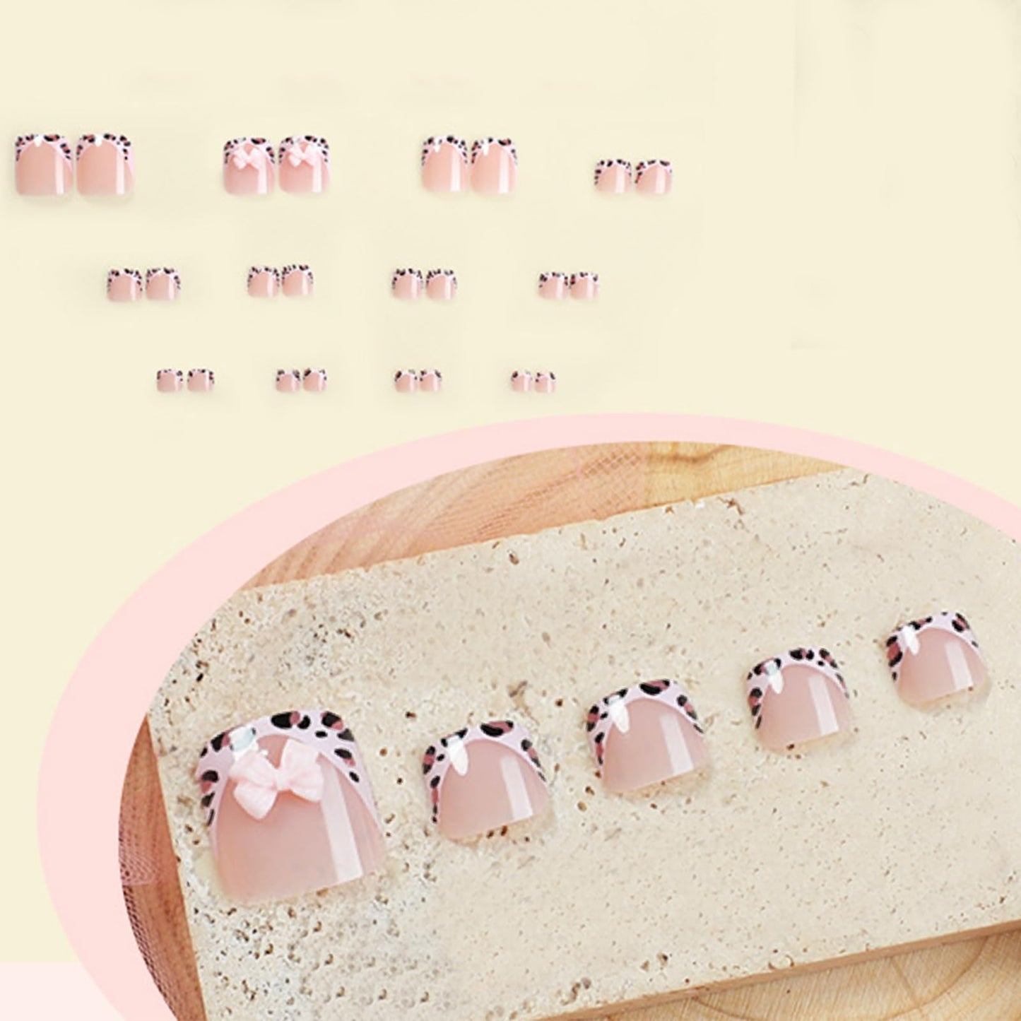Leopard Print Bow Press-On Toenails Square False Toenails Cute 3D French Bow Design Bright Pink Acrylic Full Cover Toenail Stickers Women Girls Toenail Decorations 24 pcs