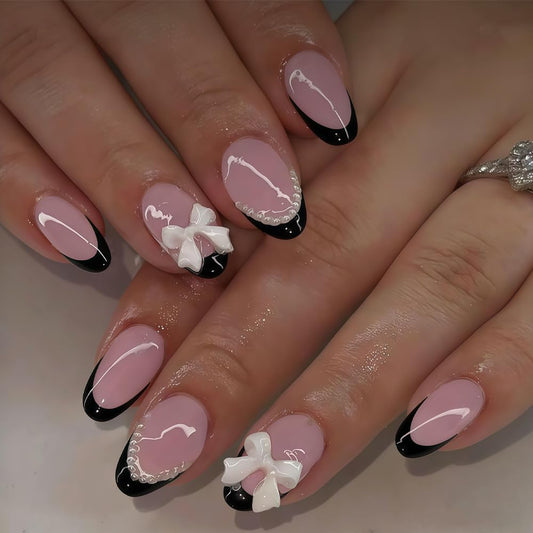 Black French Tip Press on Nails Short - Almond Fake Nails with Peal Tip Designs White Bow Artificial False Nails French Tip Glue on Nails Glossy Full Cover Stick on Nails for Women 24Pcs